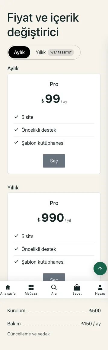 The monthly/yearly switcher on a phone with the two pricing cards stacked below it