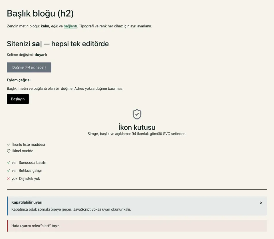 A catalogue page section with a heading, a headline typing the word “satın”, a button, a call-to-action card, an icon box, two lists and two coloured alerts