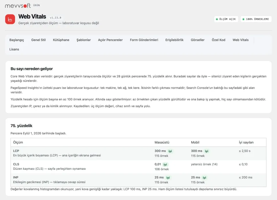 MevvBlocks Web Vitals admin screen showing 75th percentile LCP, CLS and INP for desktop and mobile