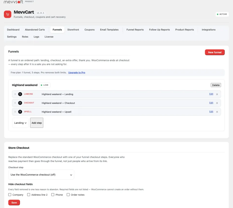 MevvCart funnels screen with a live three-step funnel — landing, checkout and upsell — and the store checkout setting