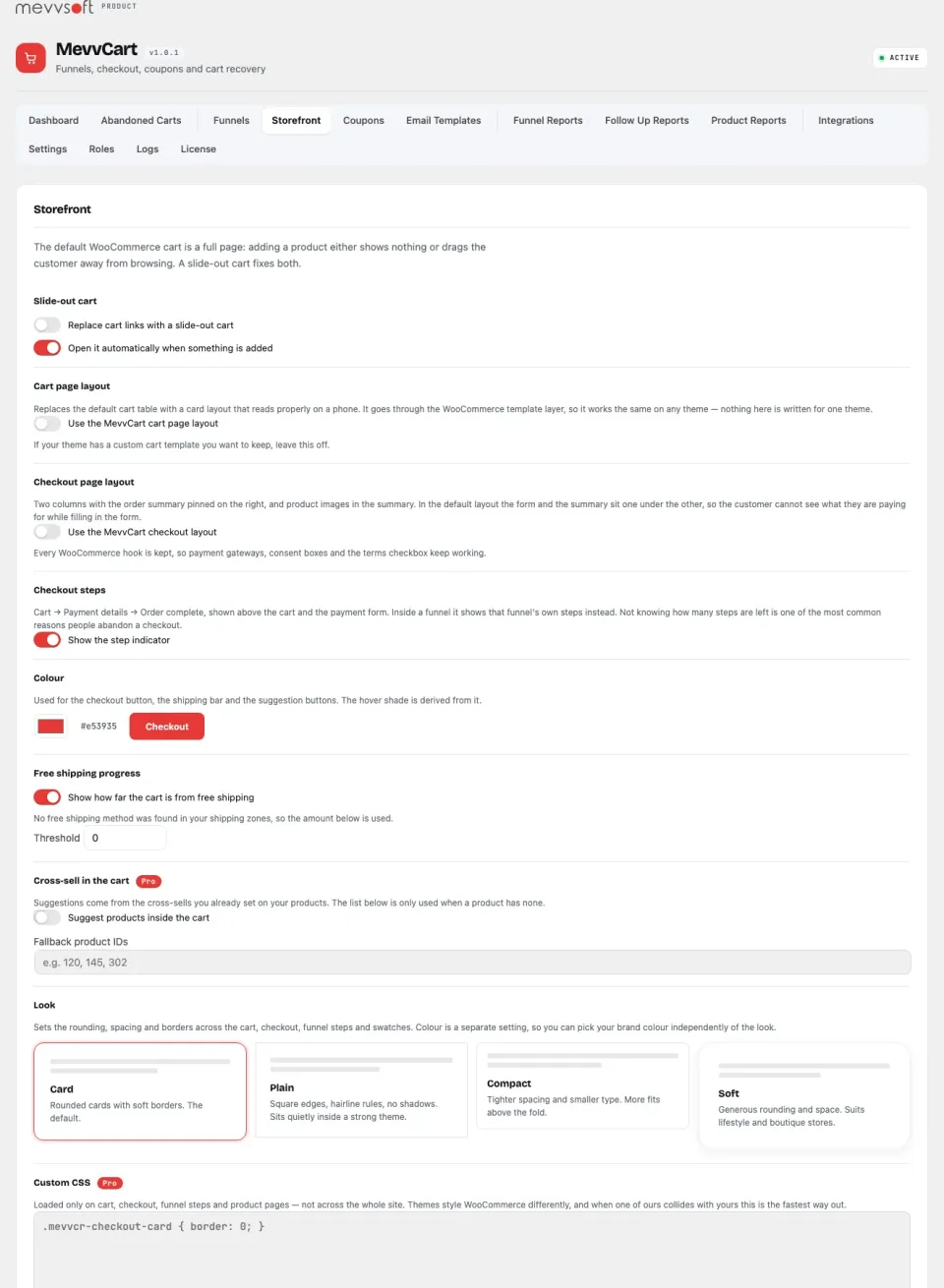 MevvCart storefront settings: slide-out cart, cart and checkout layouts, step indicator, free shipping progress and four visual styles