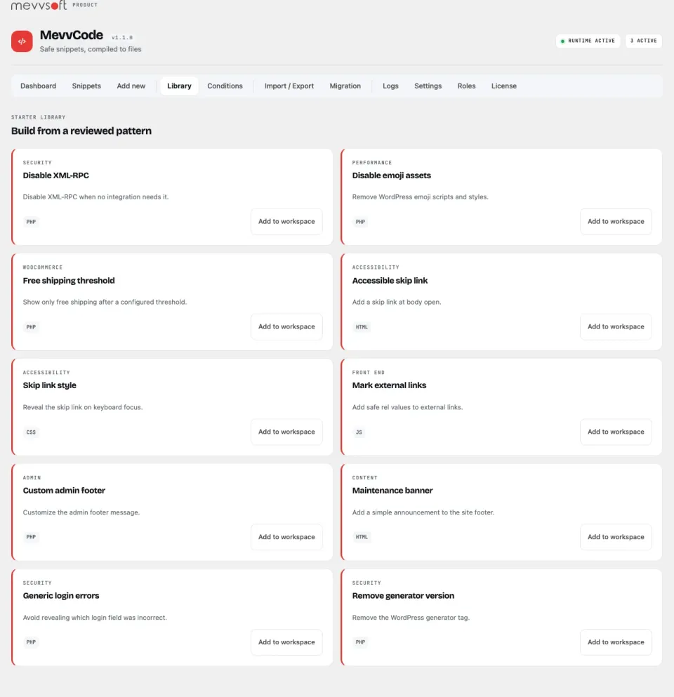 MevvCode başlangıç kitaplığı: güvenlik, başarım, erişilebilirlik ve WooCommerce için incelenmiş kod kalıpları