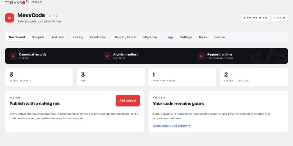 MevvCode paneli: kayıt, manifest ve çalışma zamanı hattı; kayıtlı, etkin, PHP ve ön yüz parçalarının sayılarıyla