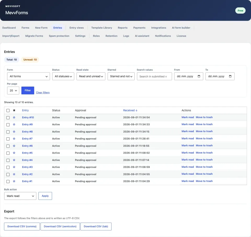 MevvForms の送信一覧。絞り込み、既読と承認の状態、一括操作、三種類の CSV 書き出しボタン