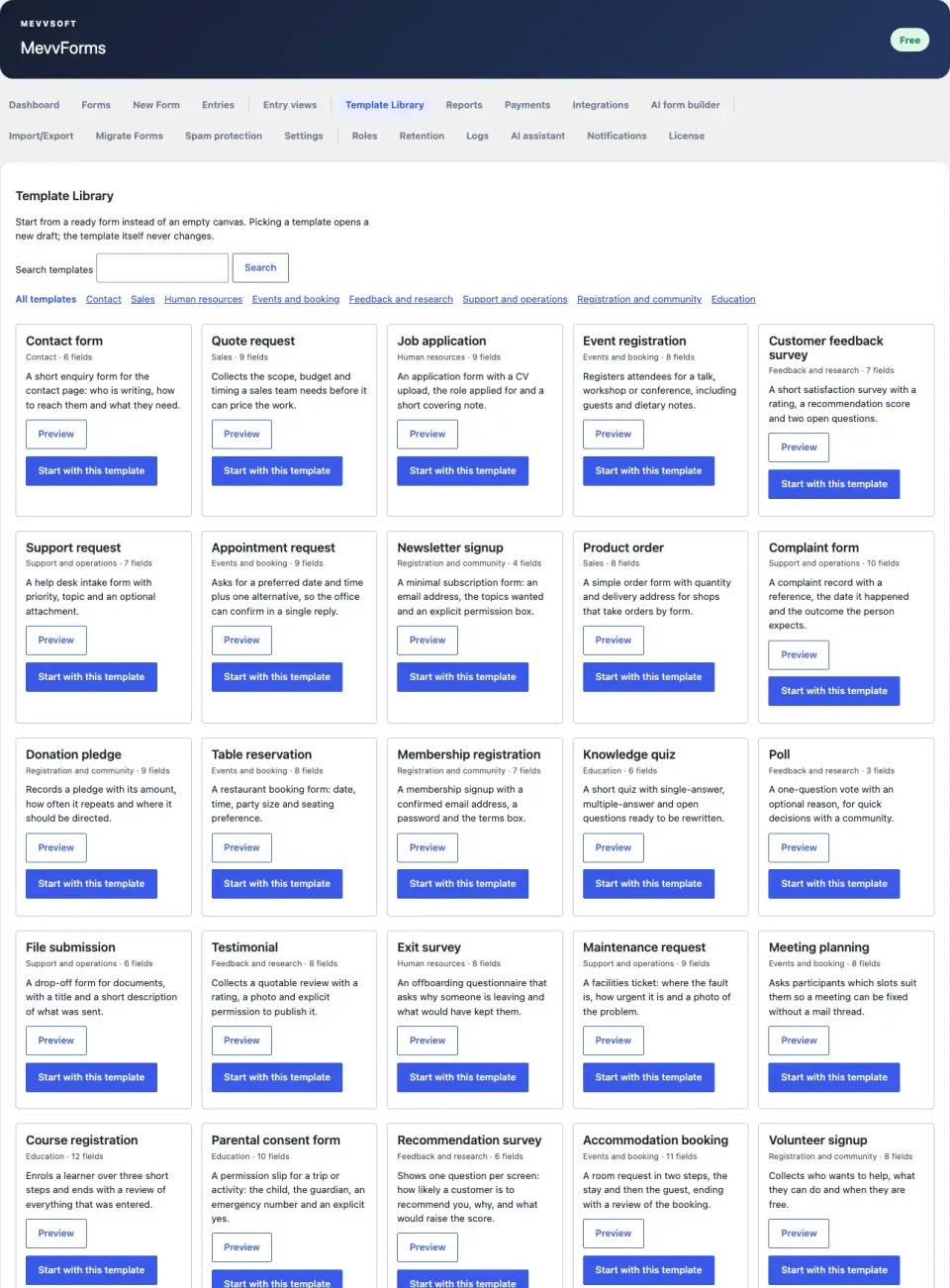 MevvForms のテンプレートライブラリ。問い合わせ、営業、人事、イベント、フィードバック、サポート、登録、教育に分類された既成フォーム