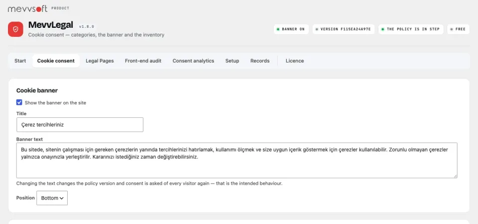 MevvLegal cookie consent settings: the banner title and text, the policy version, and the footer link that lets a visitor withdraw consent