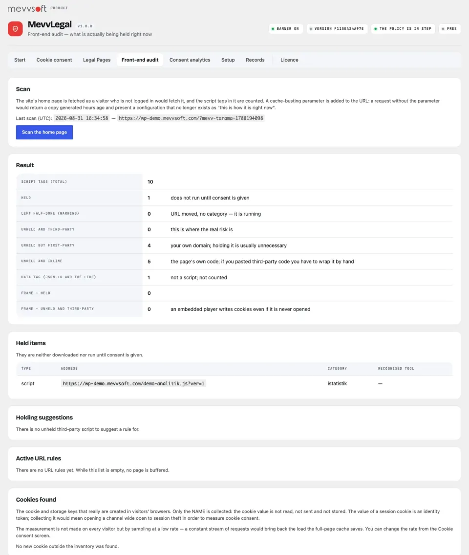 MevvLegal front-end audit: a scan of the home page counting held, unheld, first-party and inline scripts, with the held items listed