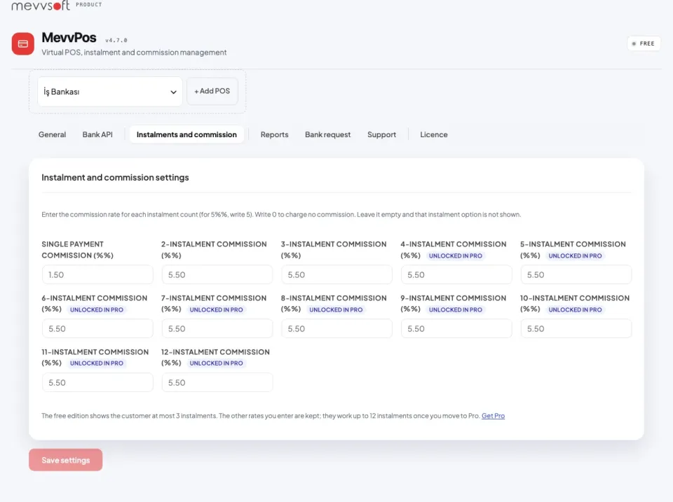 MevvPos instalment and commission screen with a rate field for each instalment count from one to twelve
