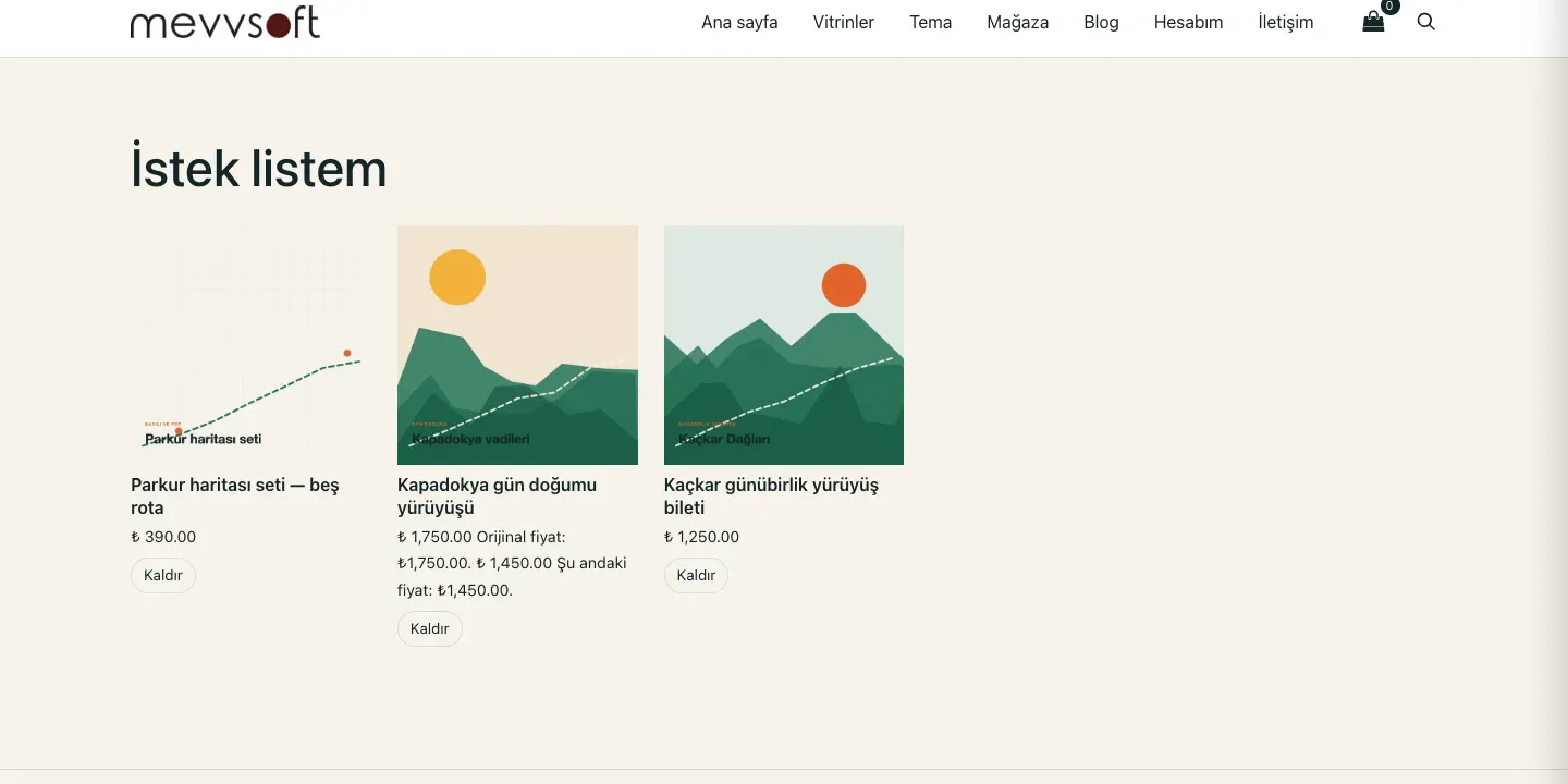 A página da lista de desejos listando três produtos com imagem, nome, preço e um botão de remover em cada um