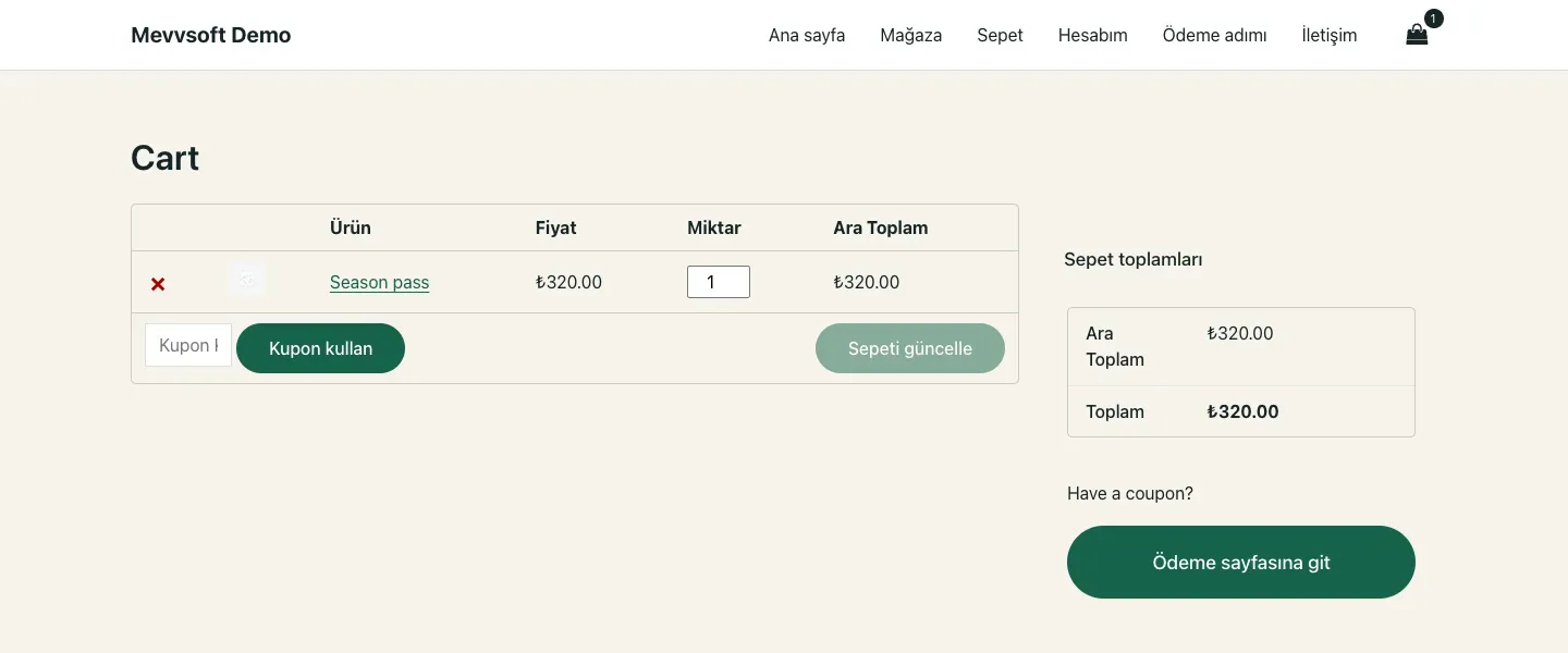 Demo kurulumunun sepet sayfası: solda kupon alanlı sepet tablosu, sağda ödeme düğmeli sepet toplamları