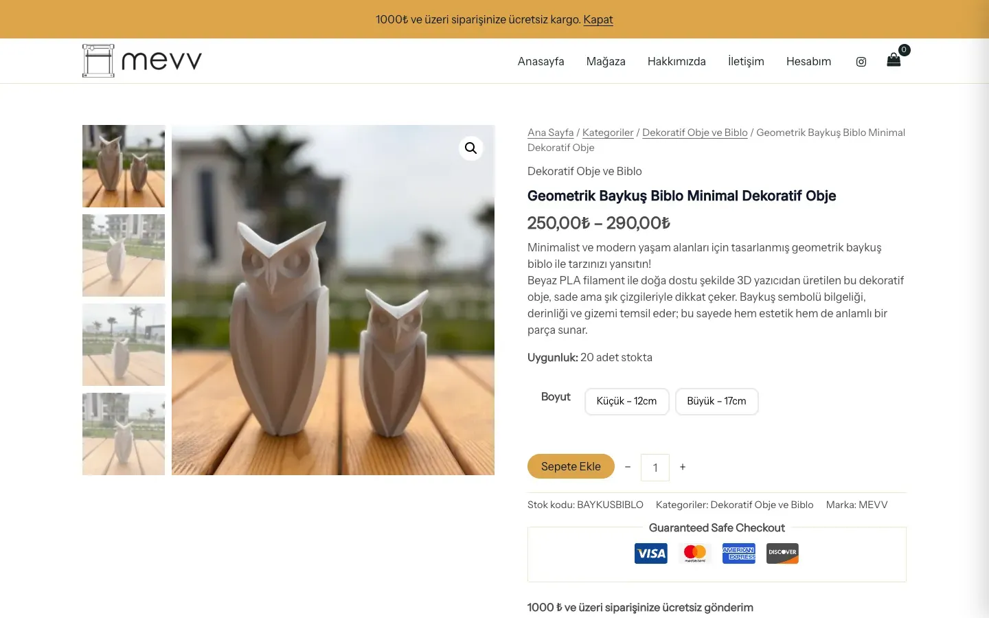 mevvshop.com ürün sayfası: dikey küçük görselli dört görsellik galeri, fiyat, boyut düğmeleri ve sepete ekle satırı