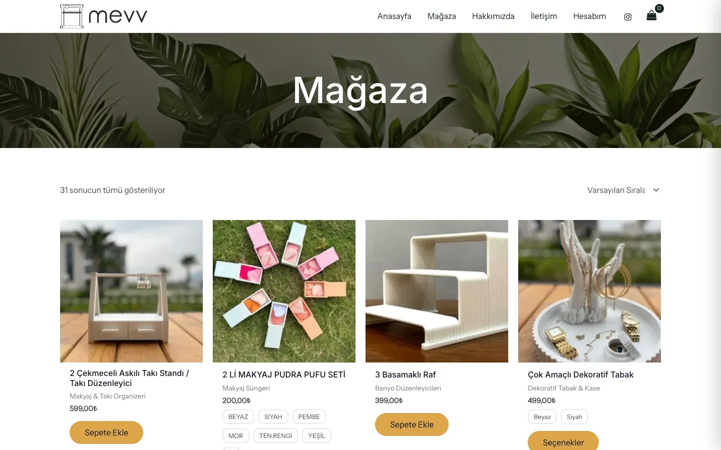mevvshop.com mağaza sayfası: arka plan görselli bir afiş ve kategori, fiyat ve renk seçenekleriyle ürün ızgarası