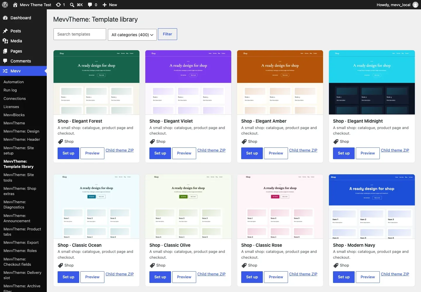 A tela da biblioteca de modelos no painel do WordPress: uma grade de cartões com imagem de pré-visualização, categoria, botão de instalação, link de pré-visualização e download do tema filho
