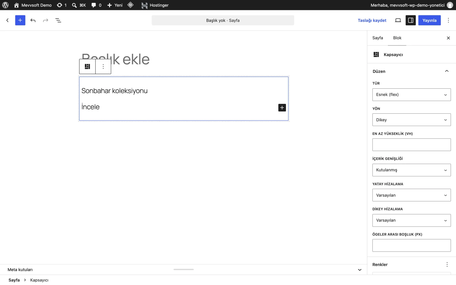Editor a blocchi di WordPress con un contenitore MevvBlocks selezionato e il relativo pannello di layout aperto a destra