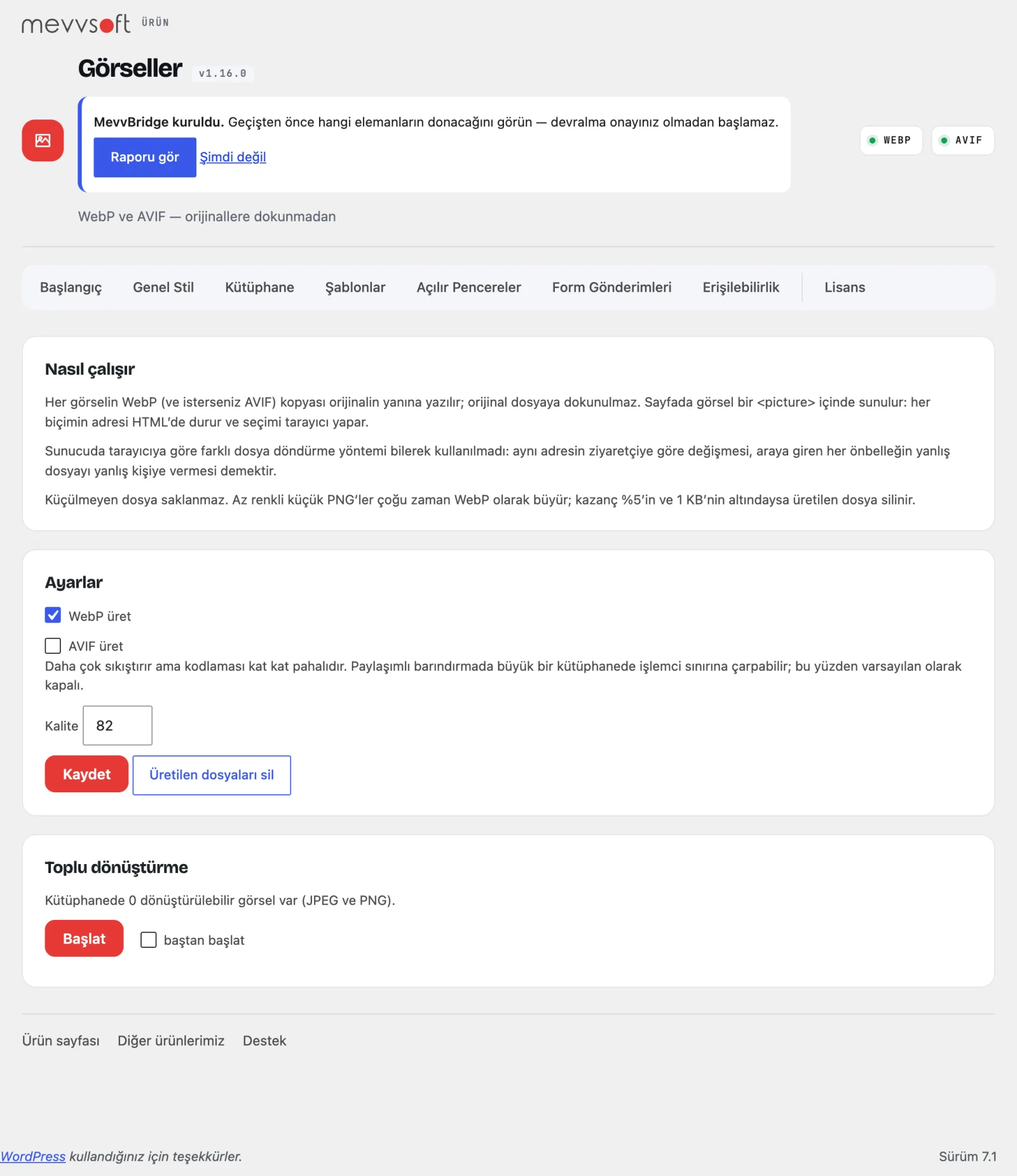 Schermata di amministrazione per l’ottimizzazione delle immagini di MevvBlocks, con impostazioni WebP e AVIF e conversione in blocco